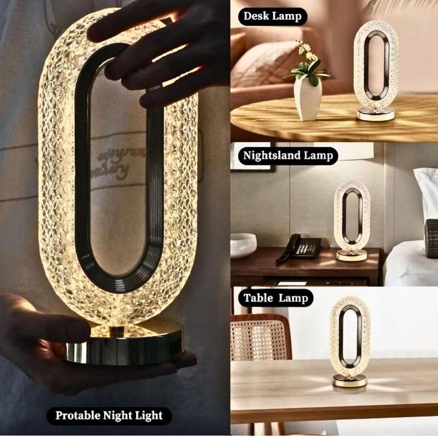 Touch Control Crystal Table Desk Lamp 3-way Dimmable Light