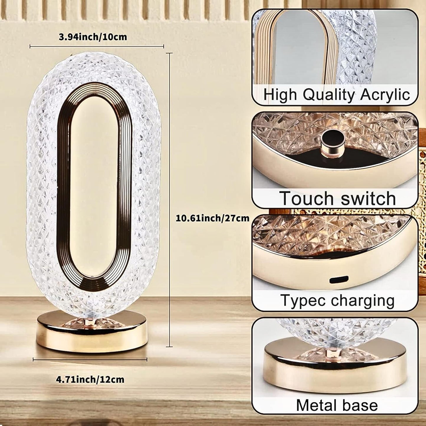 Touch Control Crystal Table Desk Lamp 3-way Dimmable Light