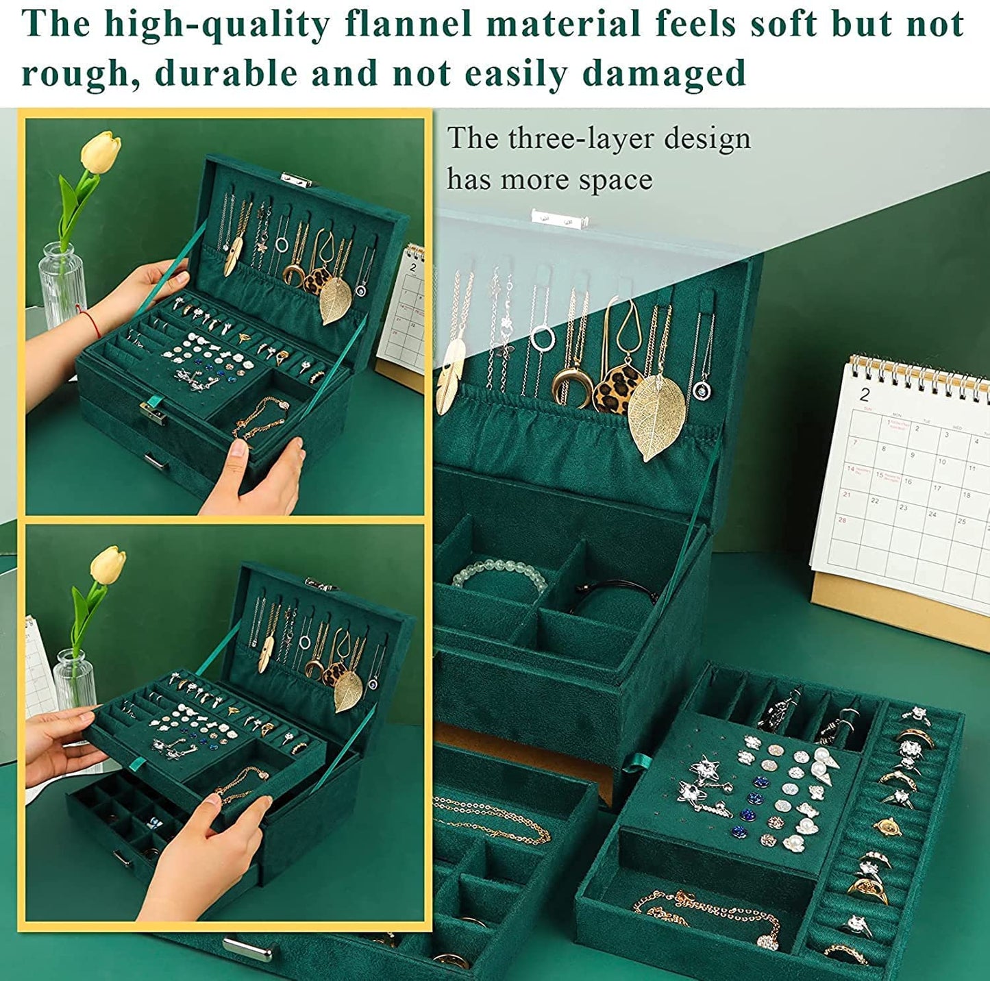 GLAMLUXE Large Jewellery Organiser with Drawer 3-Layer Velvet Jewellery Box(Green)