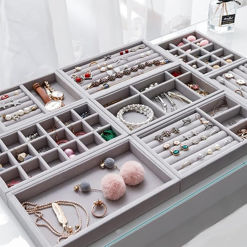 GlamLuxe Velvet Jewellery Organizer For Drawer 4 Pcs Set