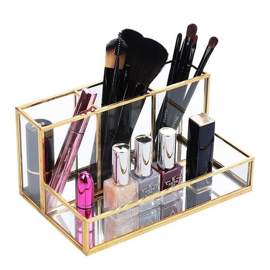 Metal and Clear Glass Cosmetic Organiser with 4 compartments